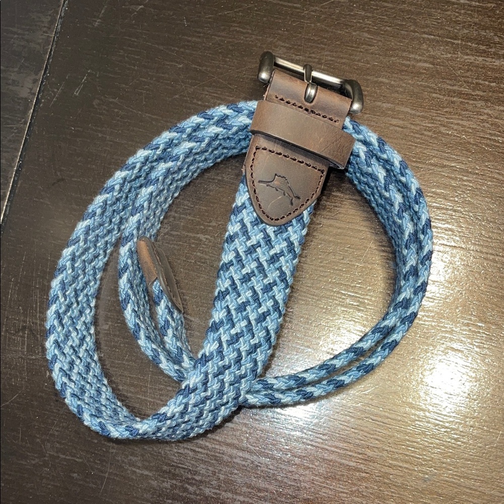Tommy Bahama Blue Braided Woven Men’s Belt with Brown Leather Trim